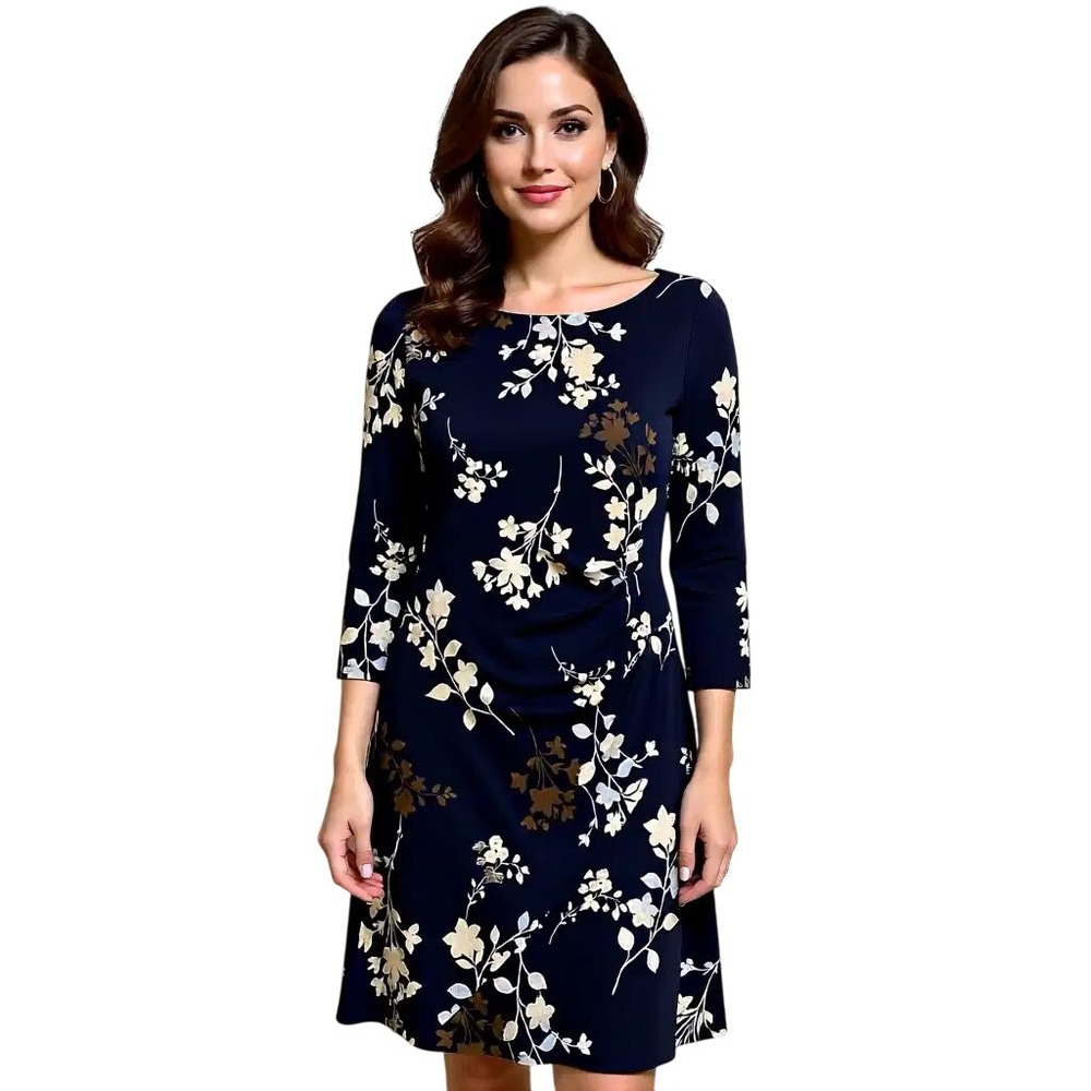 Chaps Navy Floral Print 3/4‎ Sleeve Ruched Knee Length Dress Women's L